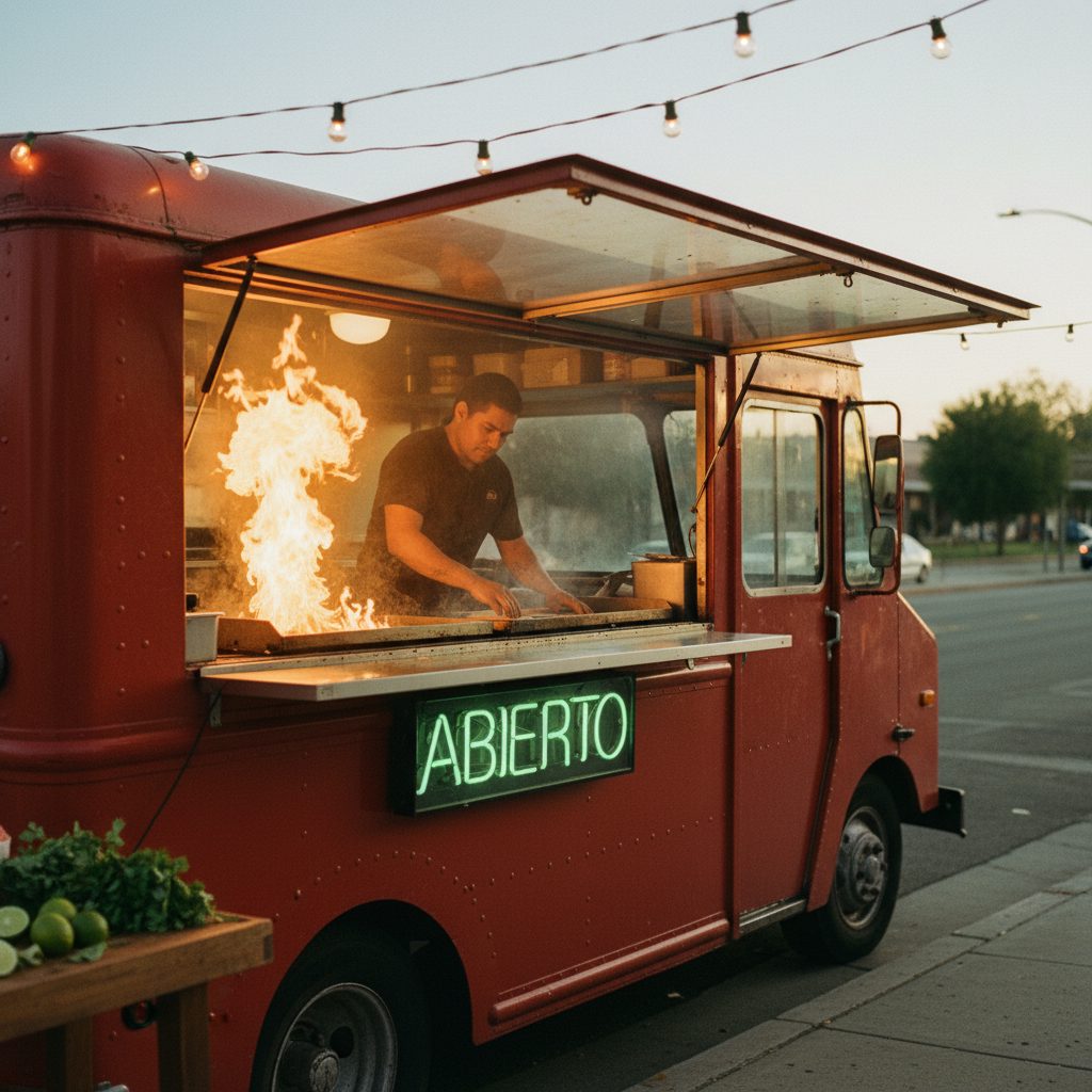 A taquero pressing fresh tortillas over an open flame at the Tacos O.W. truck window, golden hour
