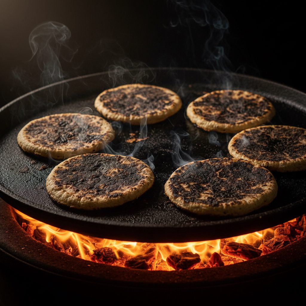 Charred tortillas over glowing embers on a cast-iron comal