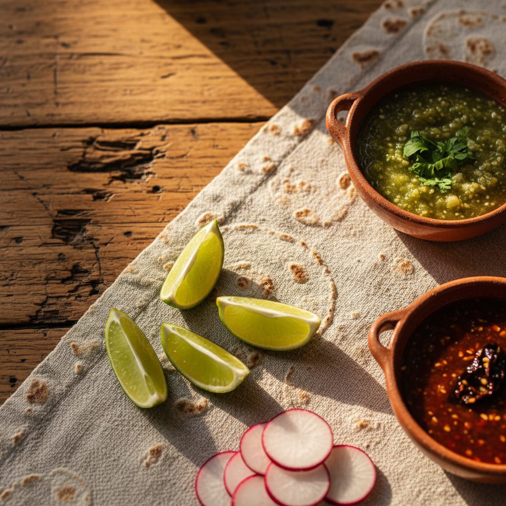Overhead shot of a taquería prep table with limes, radish, and bowls of salsa